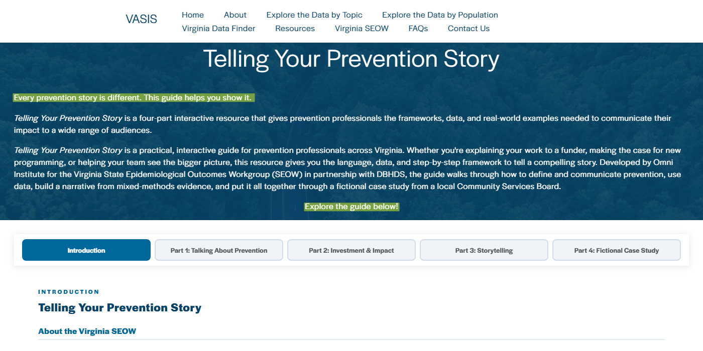 Screenshot of the Telling Your Prevention Story interactive guide homepage on the VASIS website, showing its four-part tabbed navigation: Introduction, Part 1: Talking About Prevention, Part 2: Investment & Impact, Part 3: Storytelling, and Part 4: Fictional Case Study.